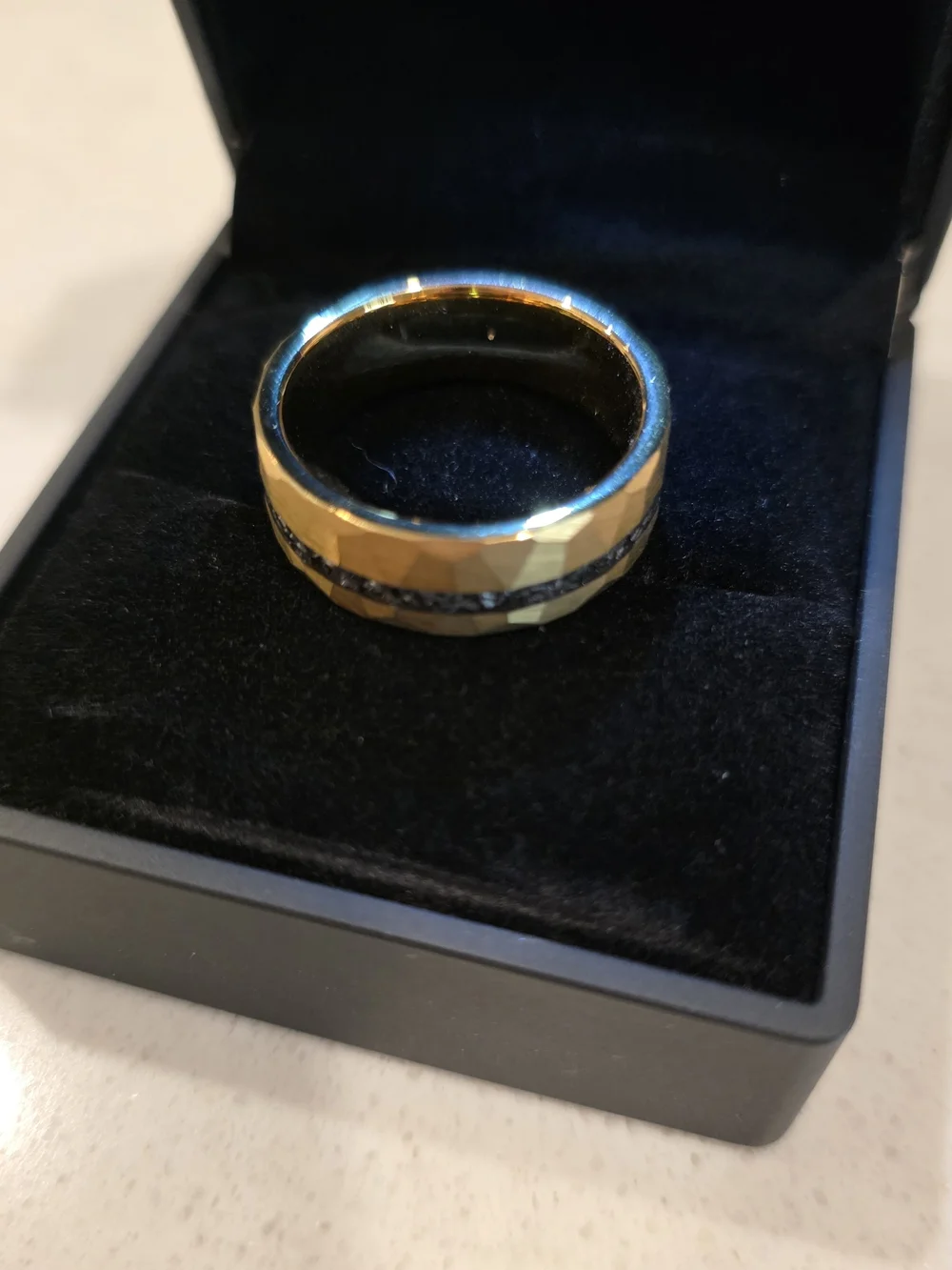 Yellow Gold Tungsten Meteorite Ring Hammered Mens Wedding Band, Unique Men Ring